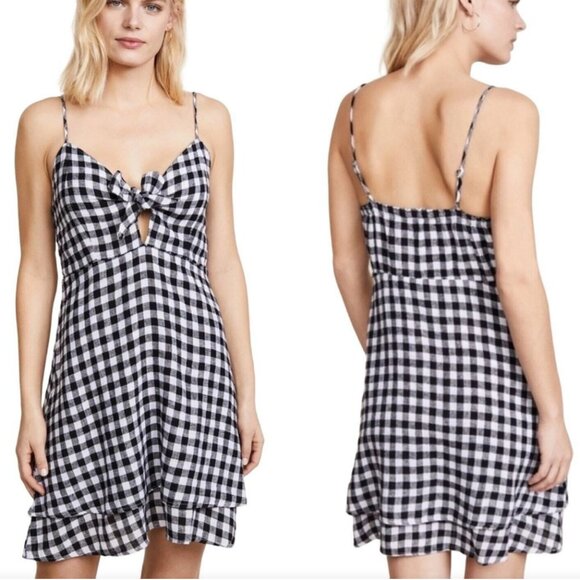Rails Linen Blend August Gingham Checked Black and White Tie Front Mini Dress, M - Picture 1 of 14